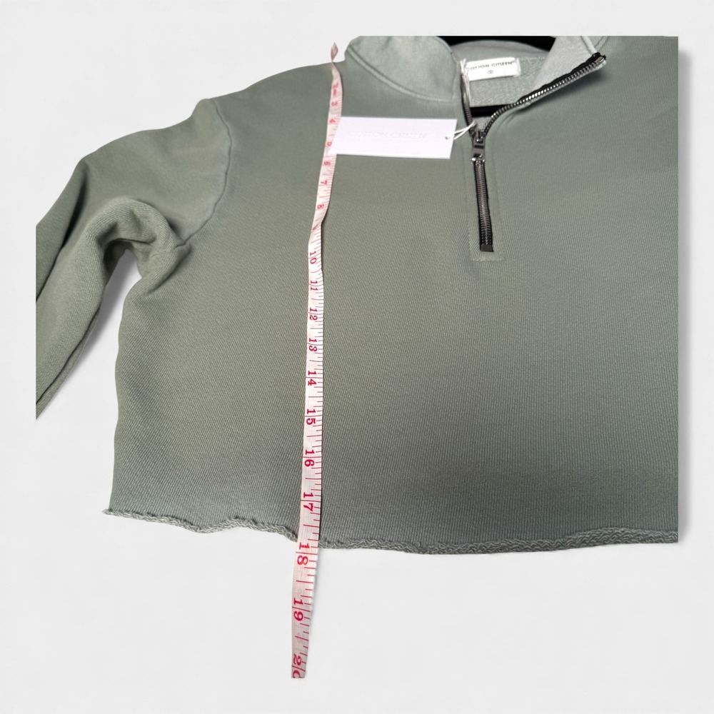 COTTON CITIZEN Cropped Quarter Zip‎ Sweatshirt Light Sage Green Raw Hem Size S - Picture 4 of 8
